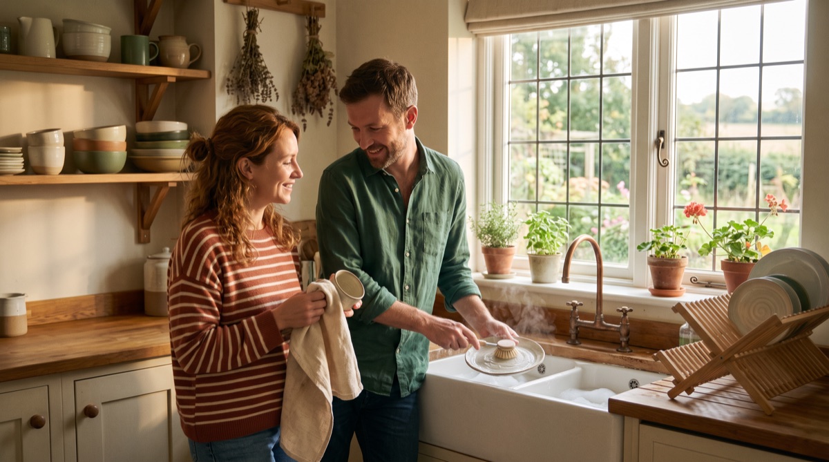 Washing dishes together at a farmhouse sink