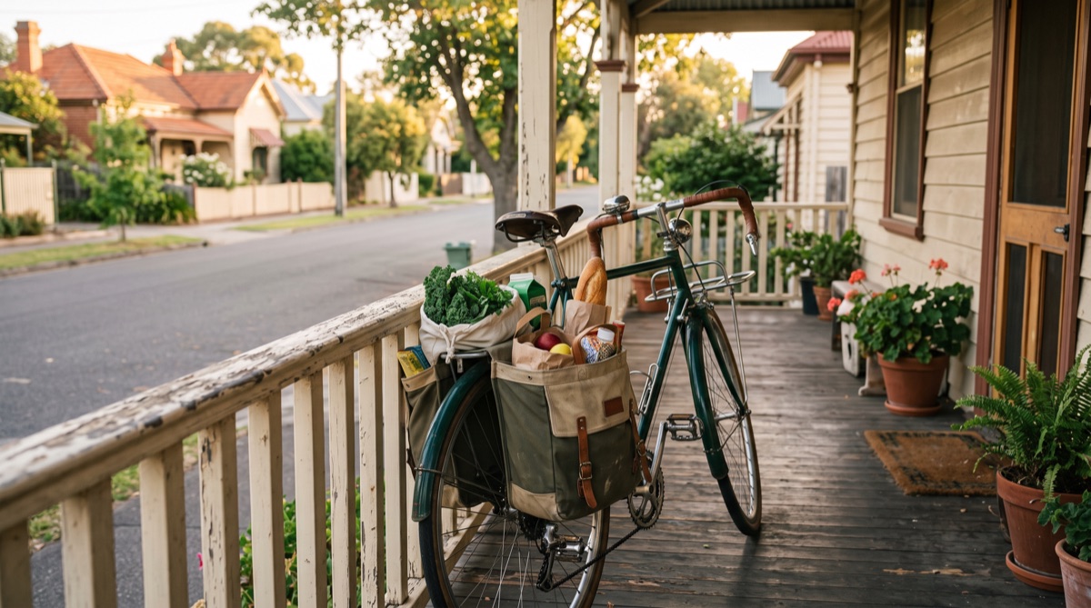 A bicycle with grocery panniers leaning on a porch rail