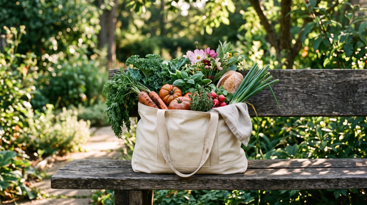 A tote bag of market produce on a wooden bench