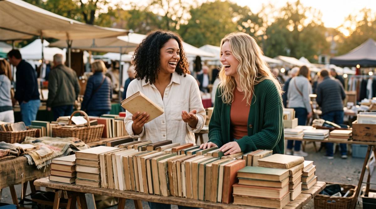 Two friends laughing over a table of old books at a flea market