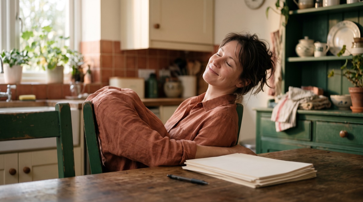 Leaning back relieved at a kitchen table, papers stacked