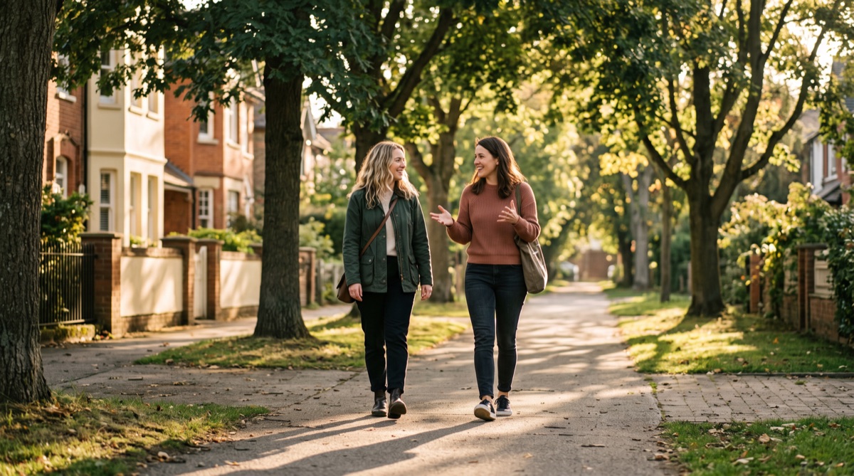 Two friends talking on a tree-lined sidewalk in morning light