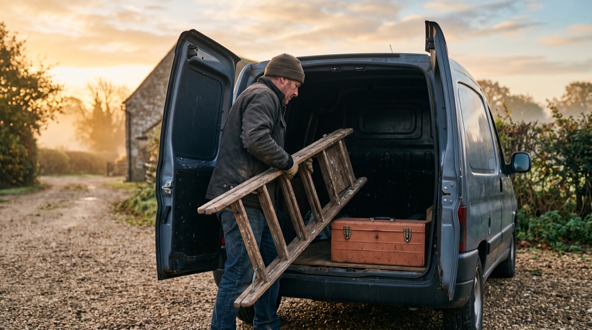 Loading a ladder and toolbox into a small van at dawn
