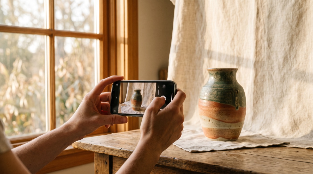 Photographing a handmade vase with a phone by a window