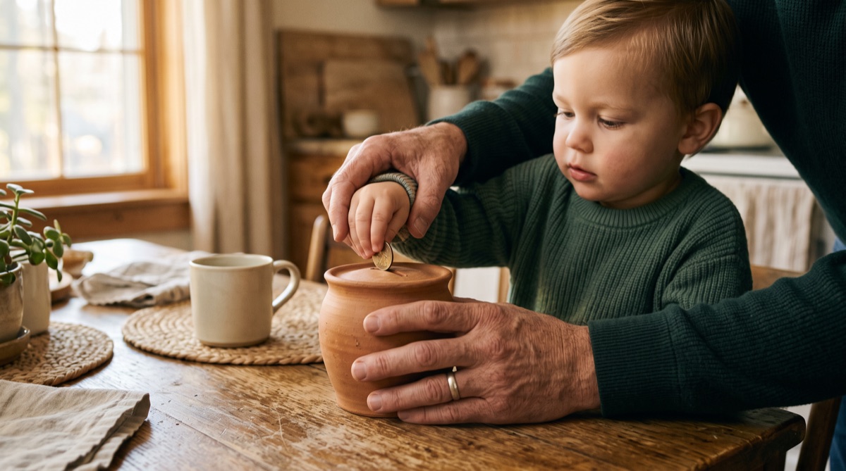 Guiding a child's hand dropping a coin into a ceramic bank