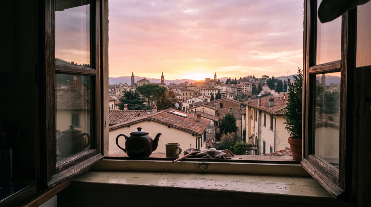 Sunrise over rooftops from an open kitchen window