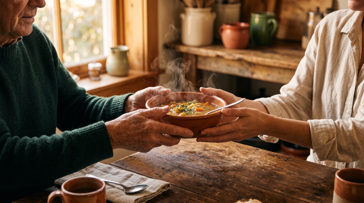 A bowl of soup passed across a table between hands