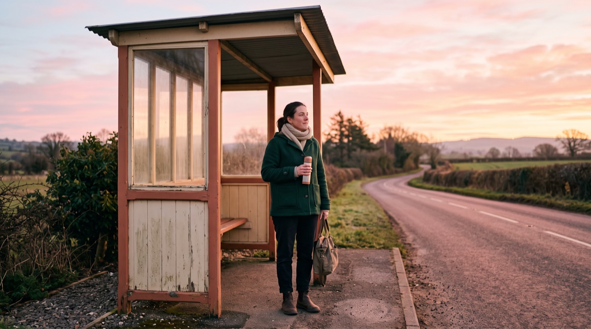 Waiting at a bus shelter with a thermos at dawn