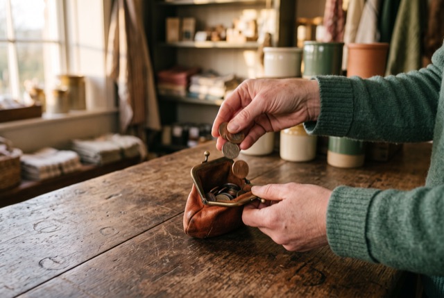 Placing coins back into a leather purse on a counter