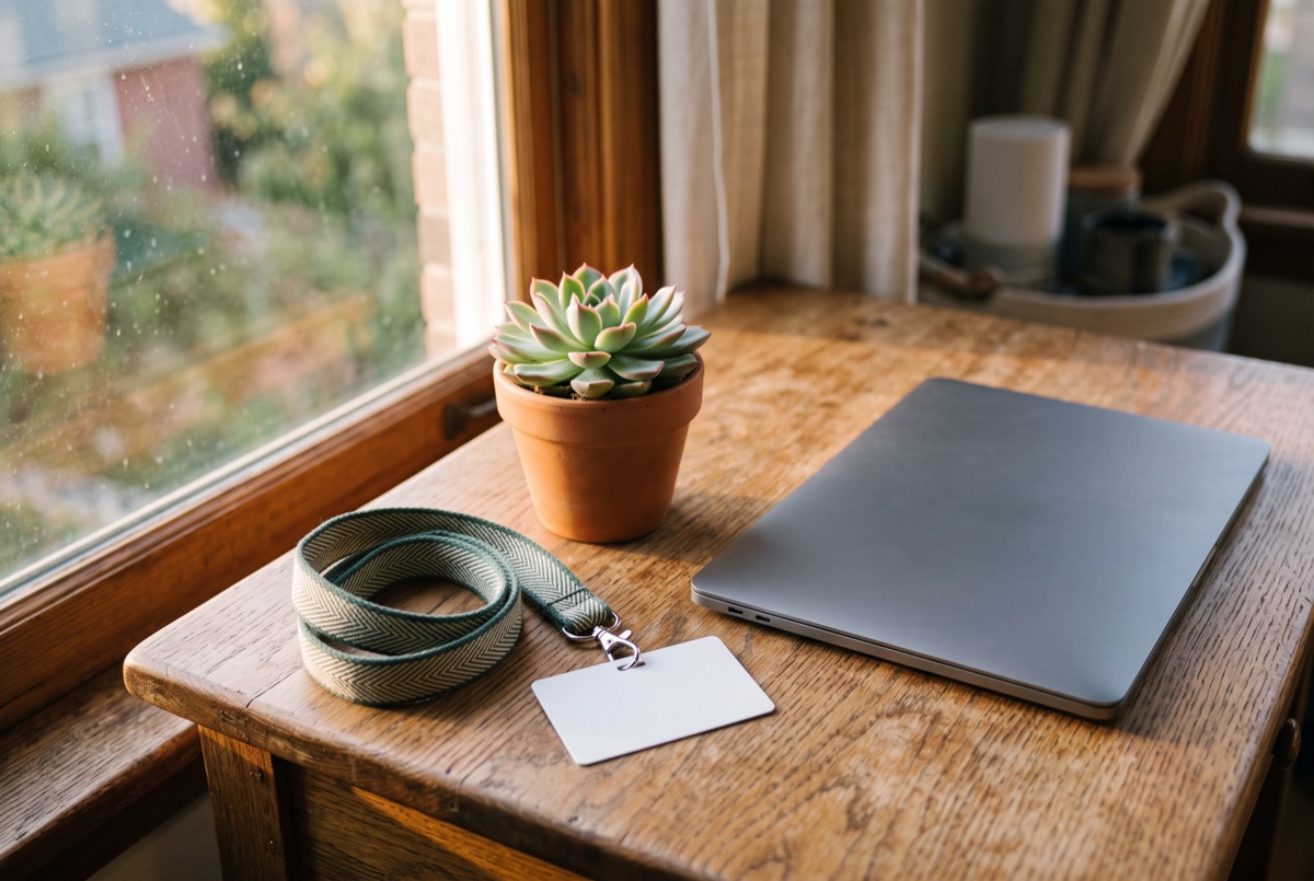 A lanyard with a blank badge beside a plant and laptop