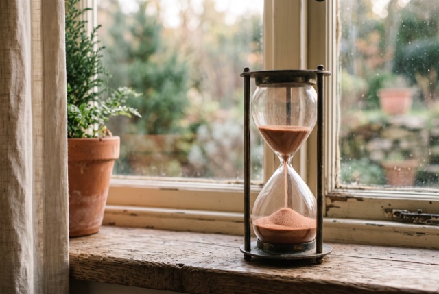 An hourglass nearly run through on a windowsill