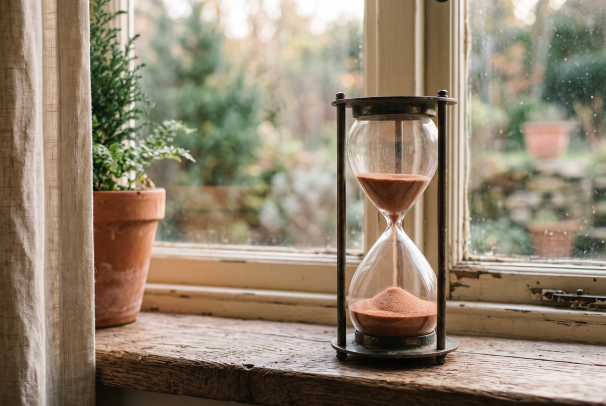 An hourglass nearly run through on a windowsill