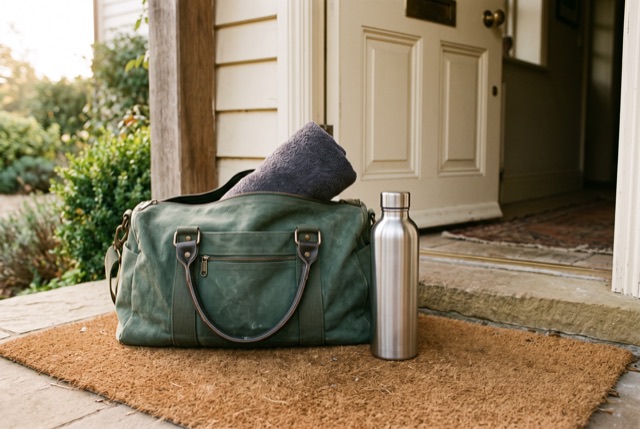 A packed gym bag and water bottle by the door at dawn
