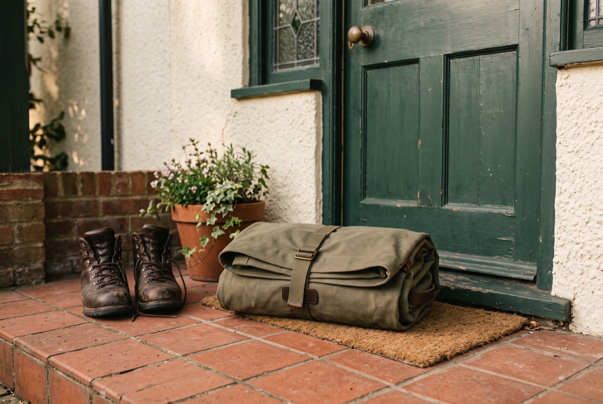 A folded canvas duffel and boots by a front door