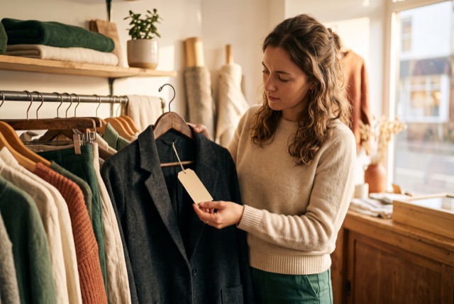 Checking the blank tag on a garment in a small shop