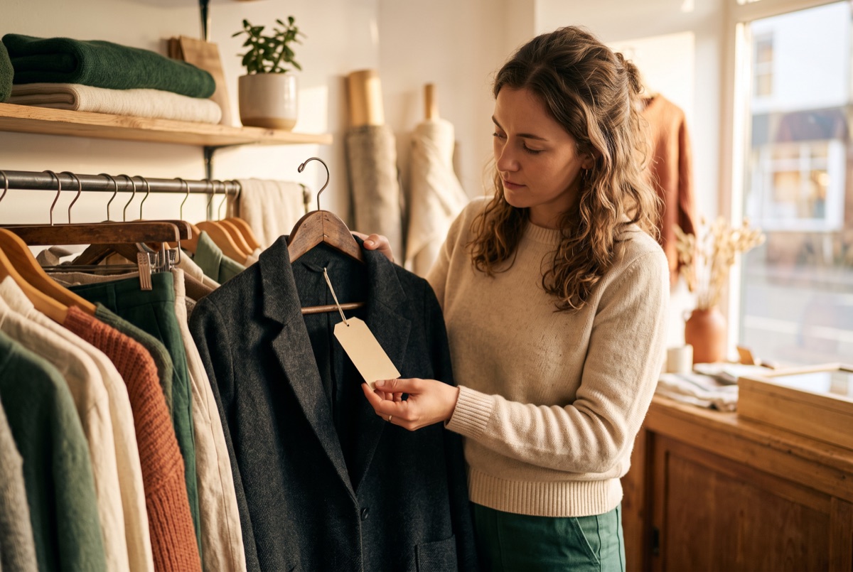 Checking the blank tag on a garment in a small shop