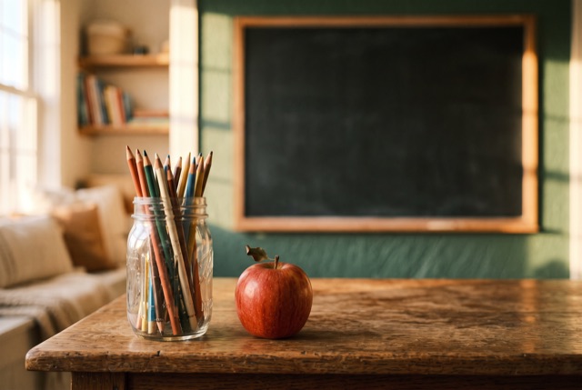 Colored pencils and an apple on a desk by a chalkboard