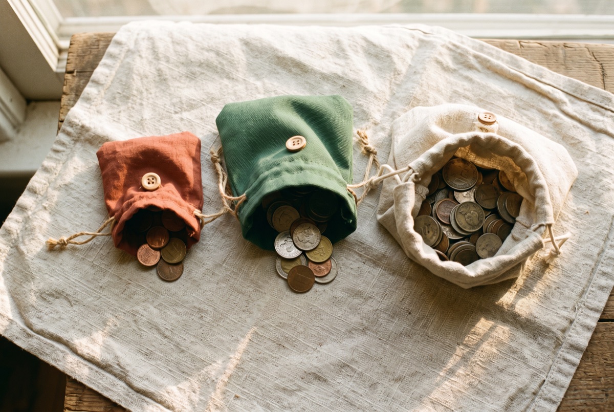 Coins divided into three cloth pouches of different sizes