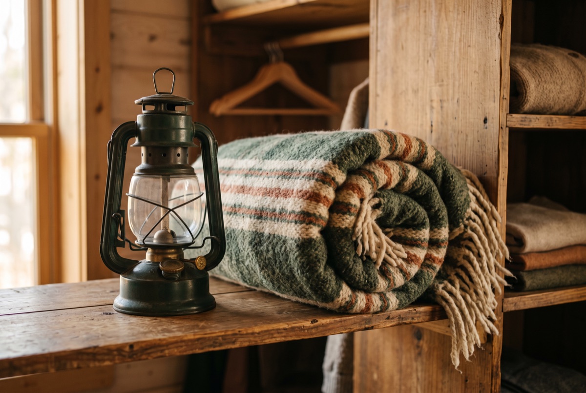 A rolled blanket and a lantern on a tidy closet shelf
