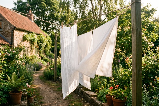 Sheets drying on a laundry line in a sunny backyard