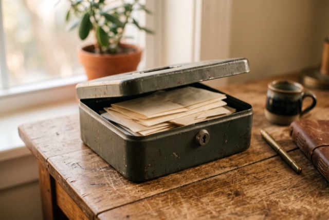 A small tin lockbox slightly open with folded notes inside