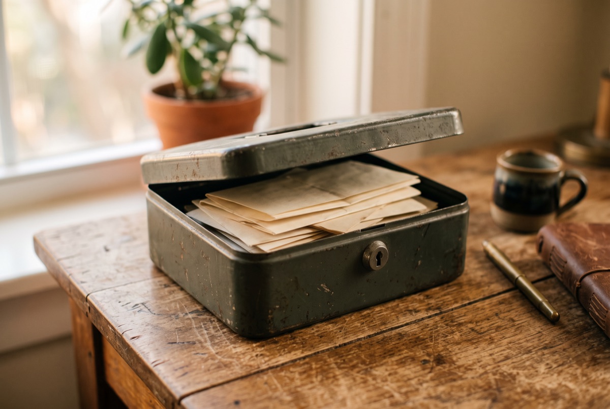 A small tin lockbox slightly open with folded notes inside