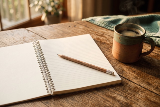 A blank notebook page with a pencil and coffee on a kitchen table