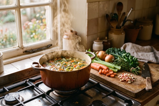 A pot of soup simmering with fresh vegetables on the board