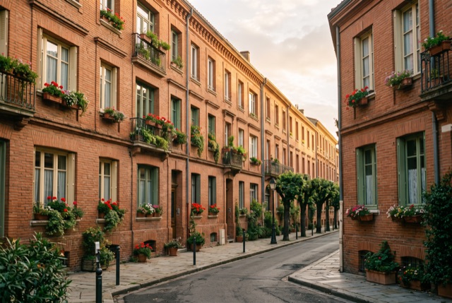A row of brick apartment buildings with flower boxes in morning light