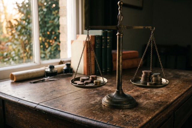 A brass balance scale with coins on both pans