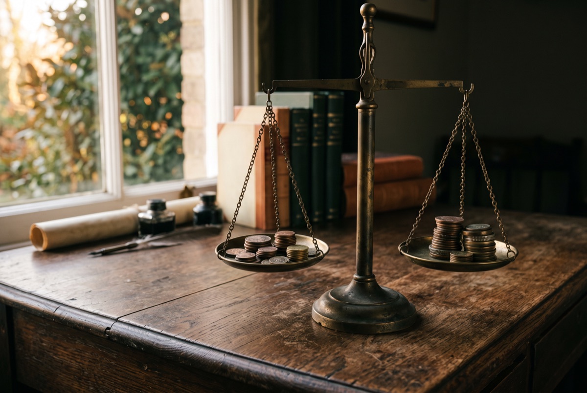 A brass balance scale with coins on both pans