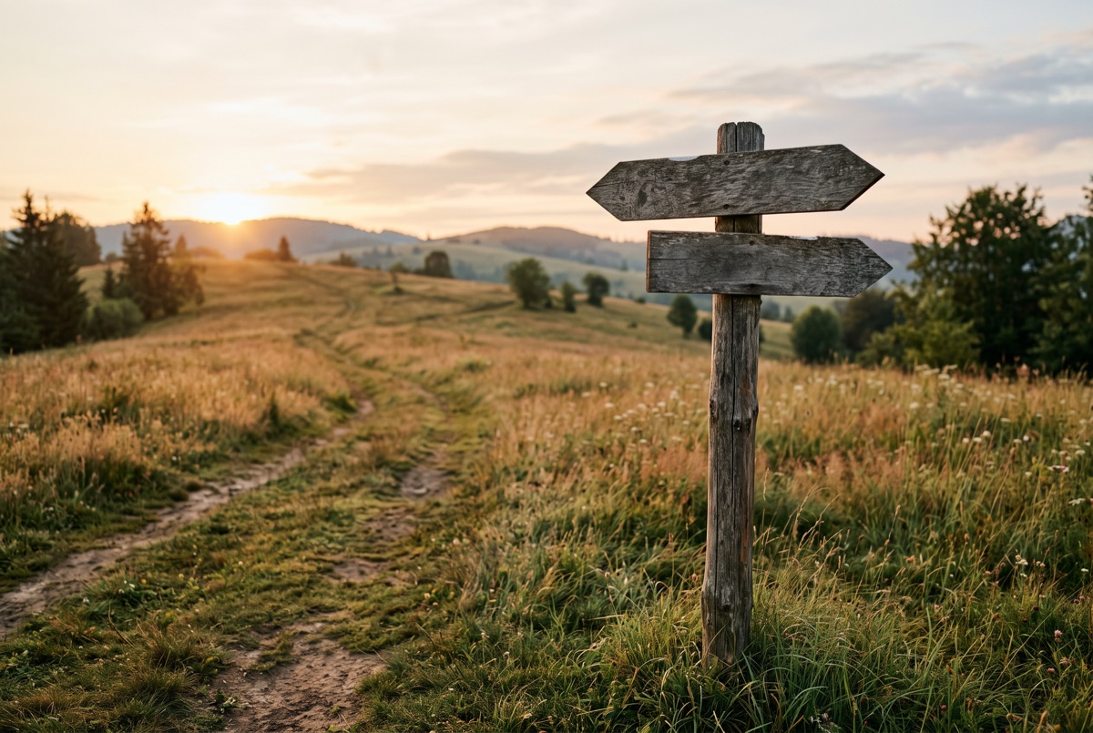 A wooden signpost with two blank arrows on a meadow path