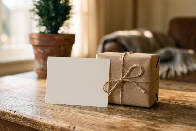 A blank gift card propped against a small wrapped present
