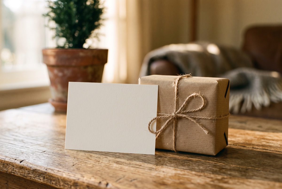 A blank gift card propped against a small wrapped present