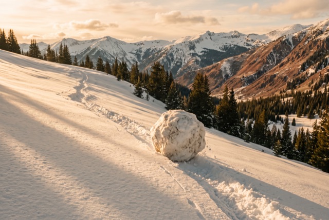 A snowball rolling down a hillside, gathering size