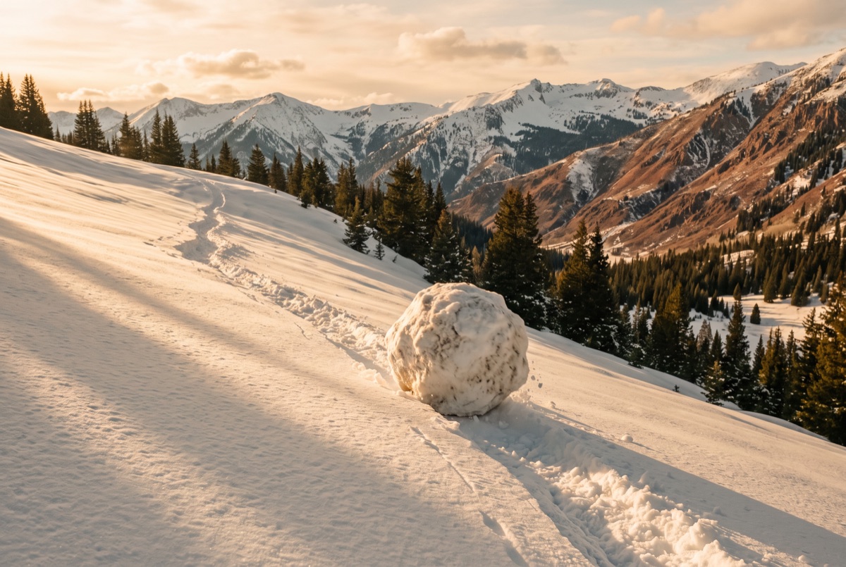 A snowball rolling down a hillside, gathering size