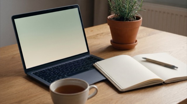 A bright desk with a laptop and notebook