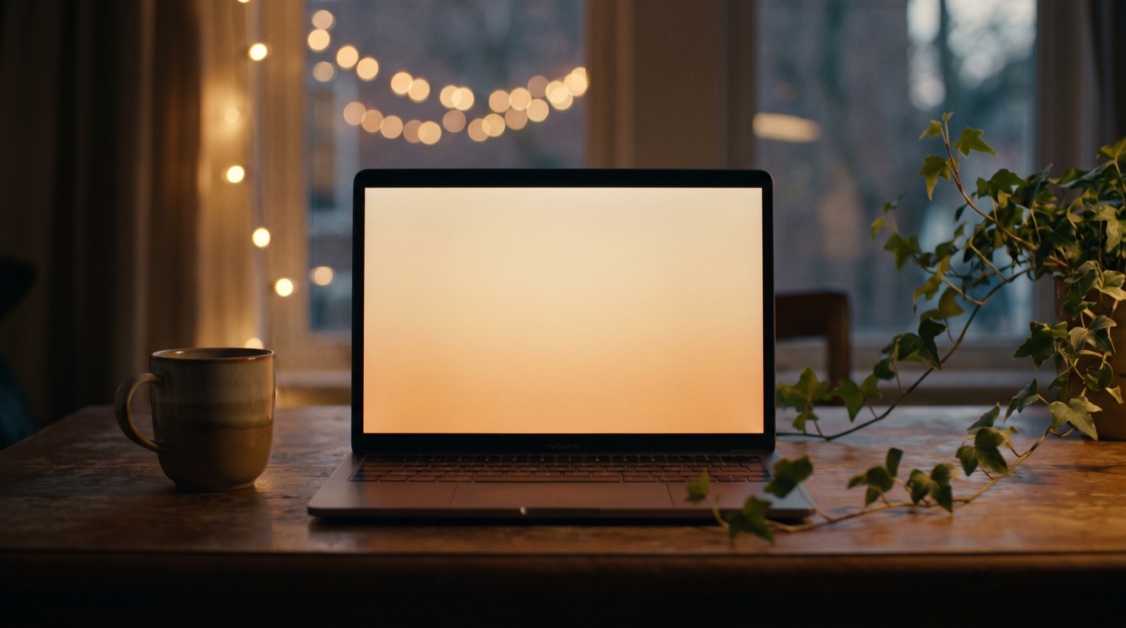 A laptop glowing softly on a wooden desk