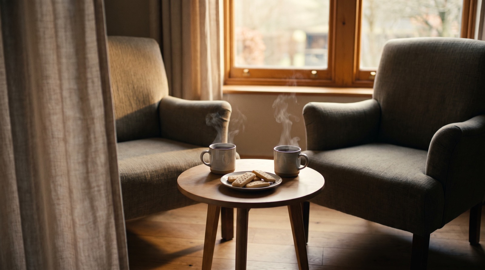 Two cups of tea waiting on a small table
