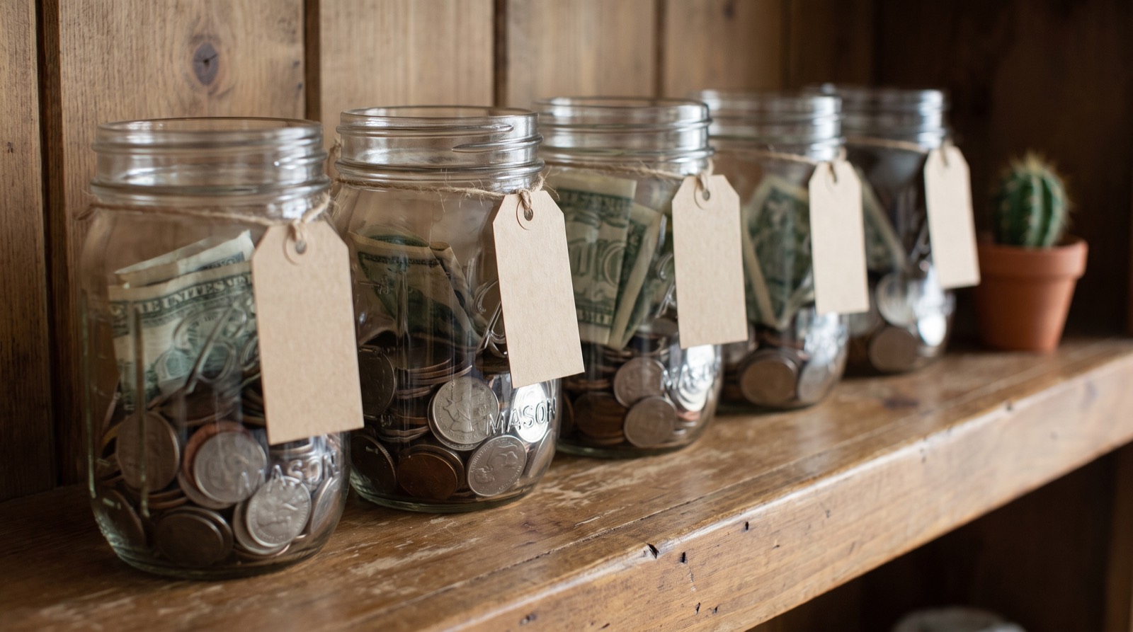 Labeled savings jars on a kitchen shelf
