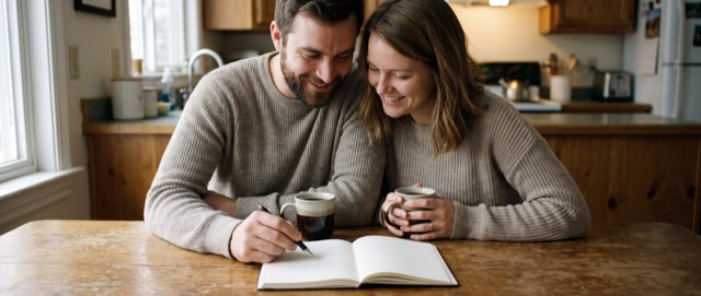 A couple planning at a sunny kitchen table
