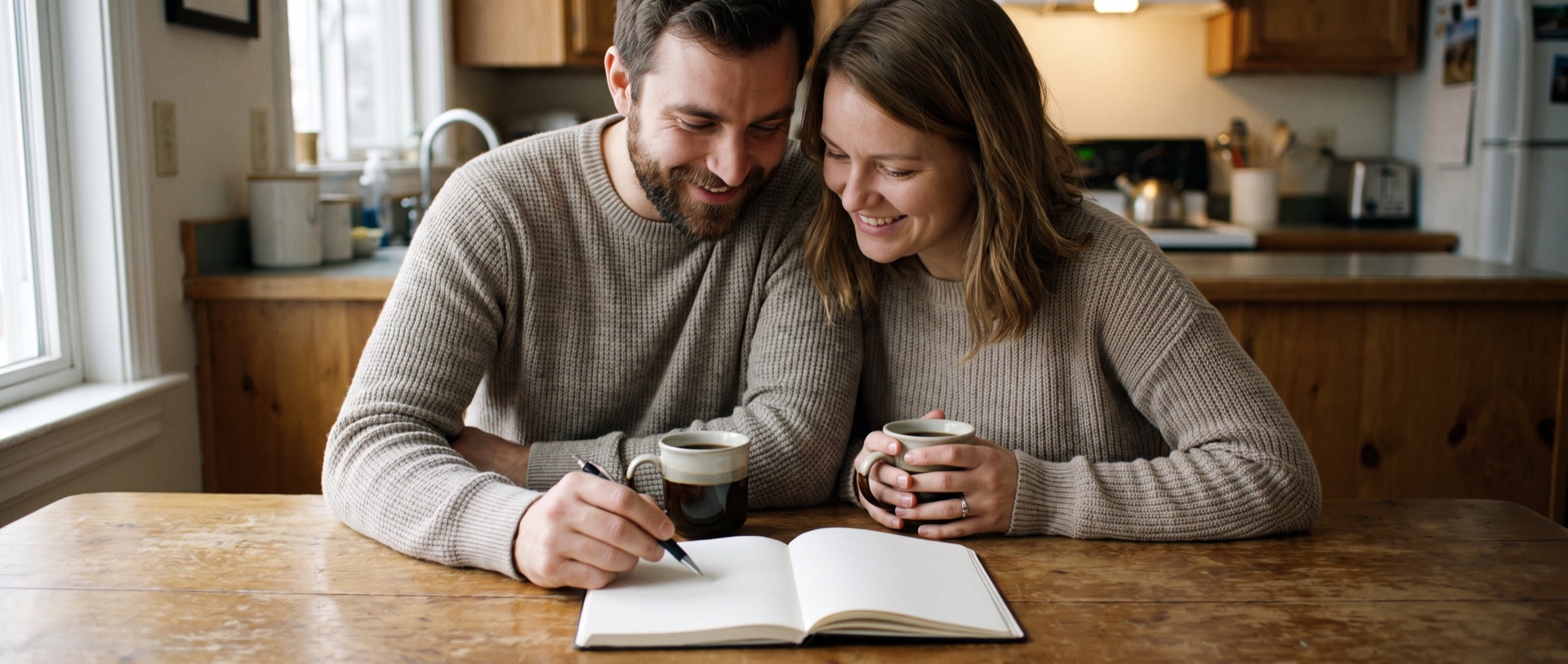 A couple planning their month at a sunny kitchen table