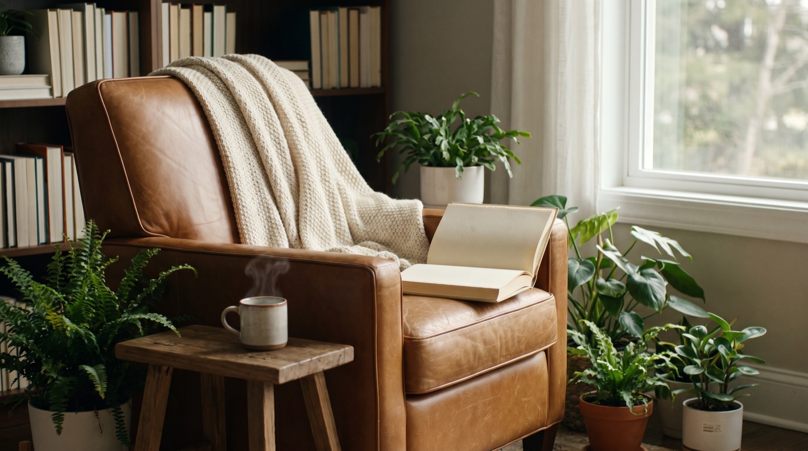 A cozy reading chair with an open book