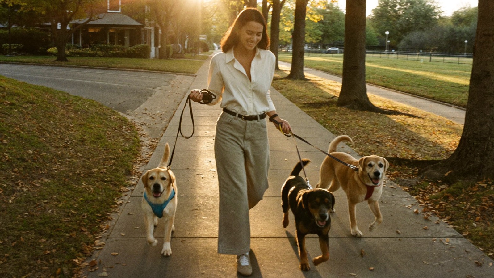 Walking three dogs at golden hour