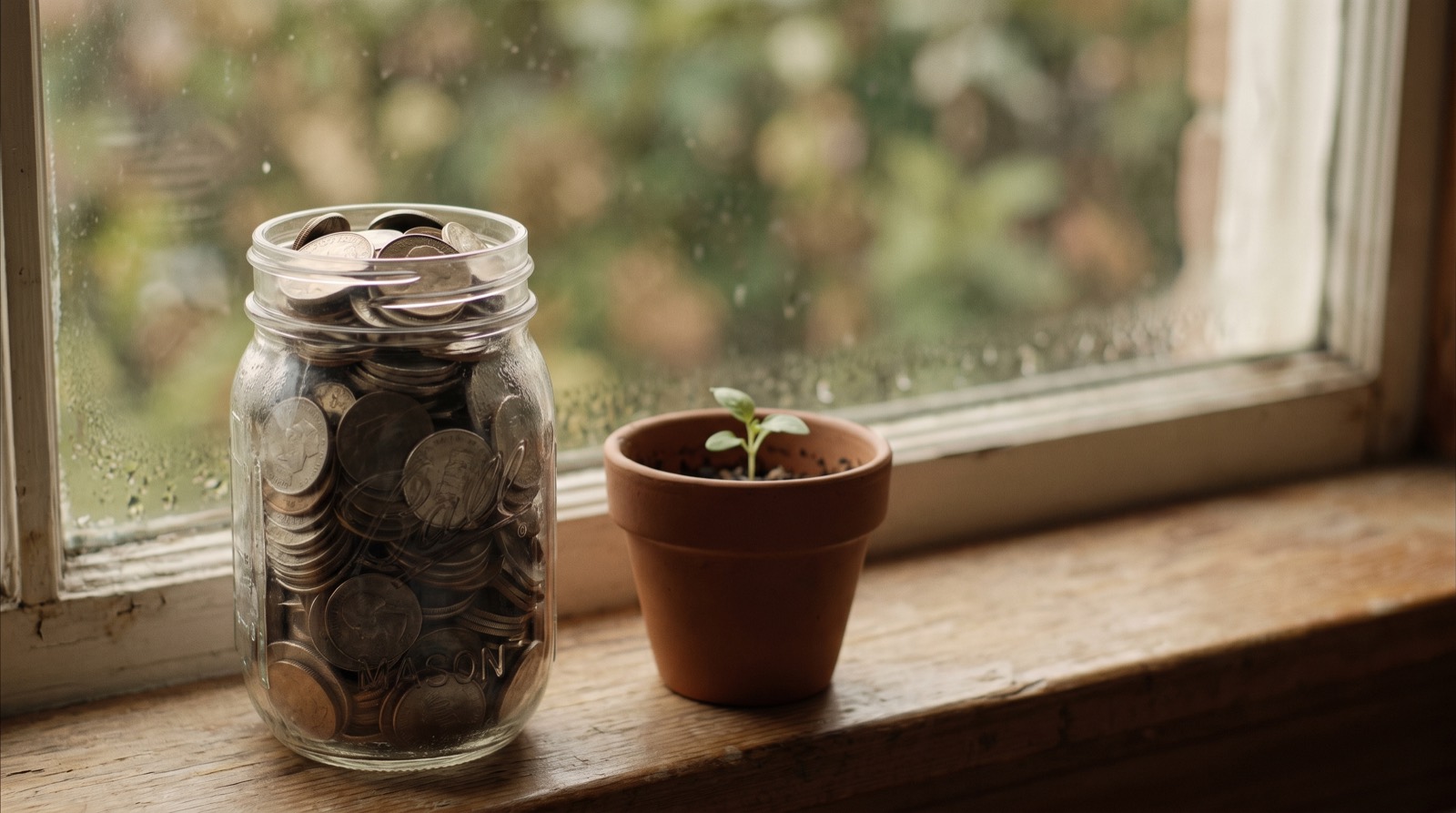 A jar of coins beside a seedling on a windowsill