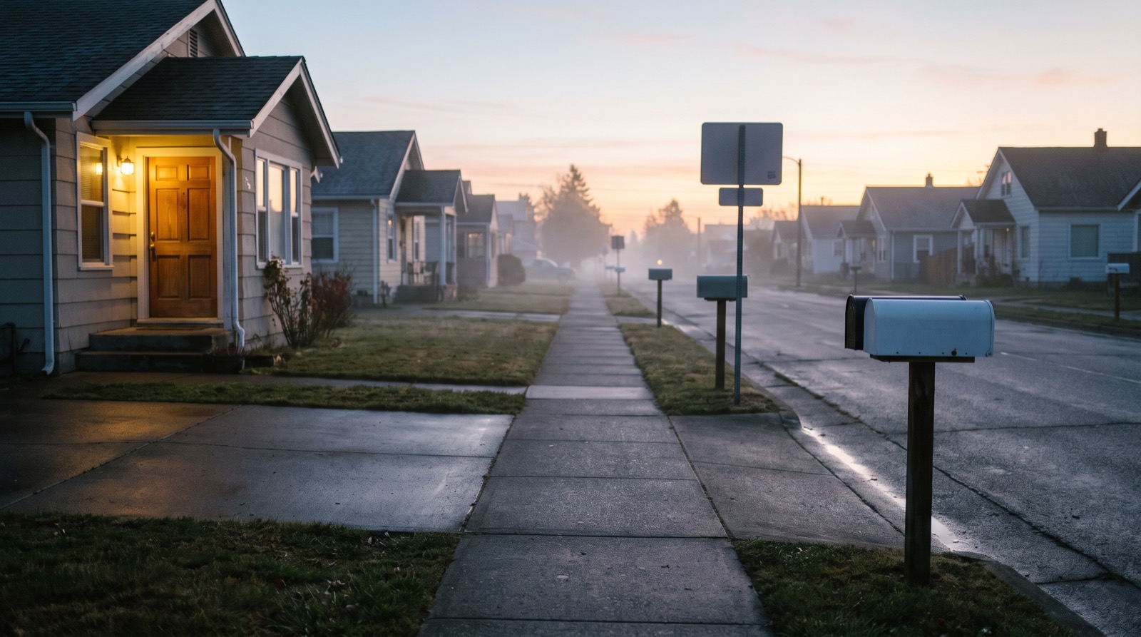 Sunrise over a quiet residential street