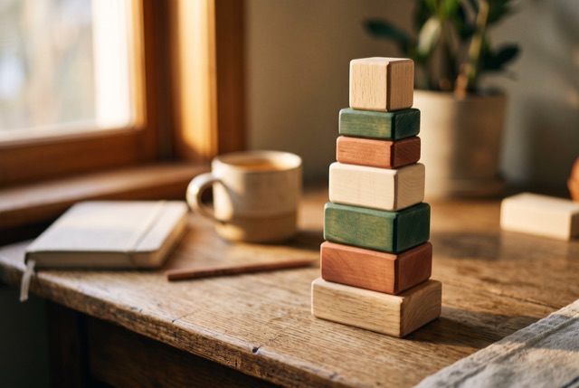 Wooden blocks stacked into a small tower