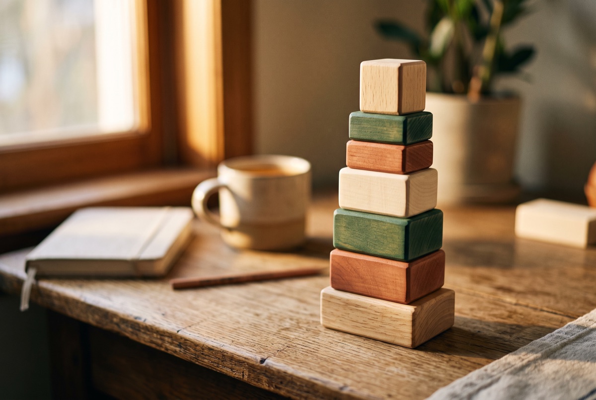 Wooden blocks stacked into a small tower