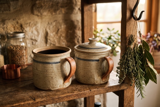Two stoneware crocks, one open and one lidded