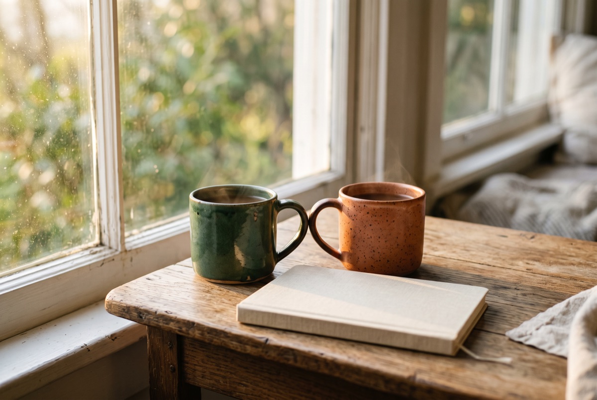 Two coffee mugs touching handles beside a closed notebook
